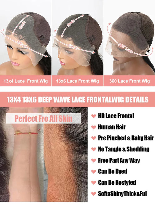 40 Inch Deep Water Wave Lace Front Wigs Deep Curly Wave Lace Brazilian HD Transparent Lace 250 Density Frontal Human Hair Wig