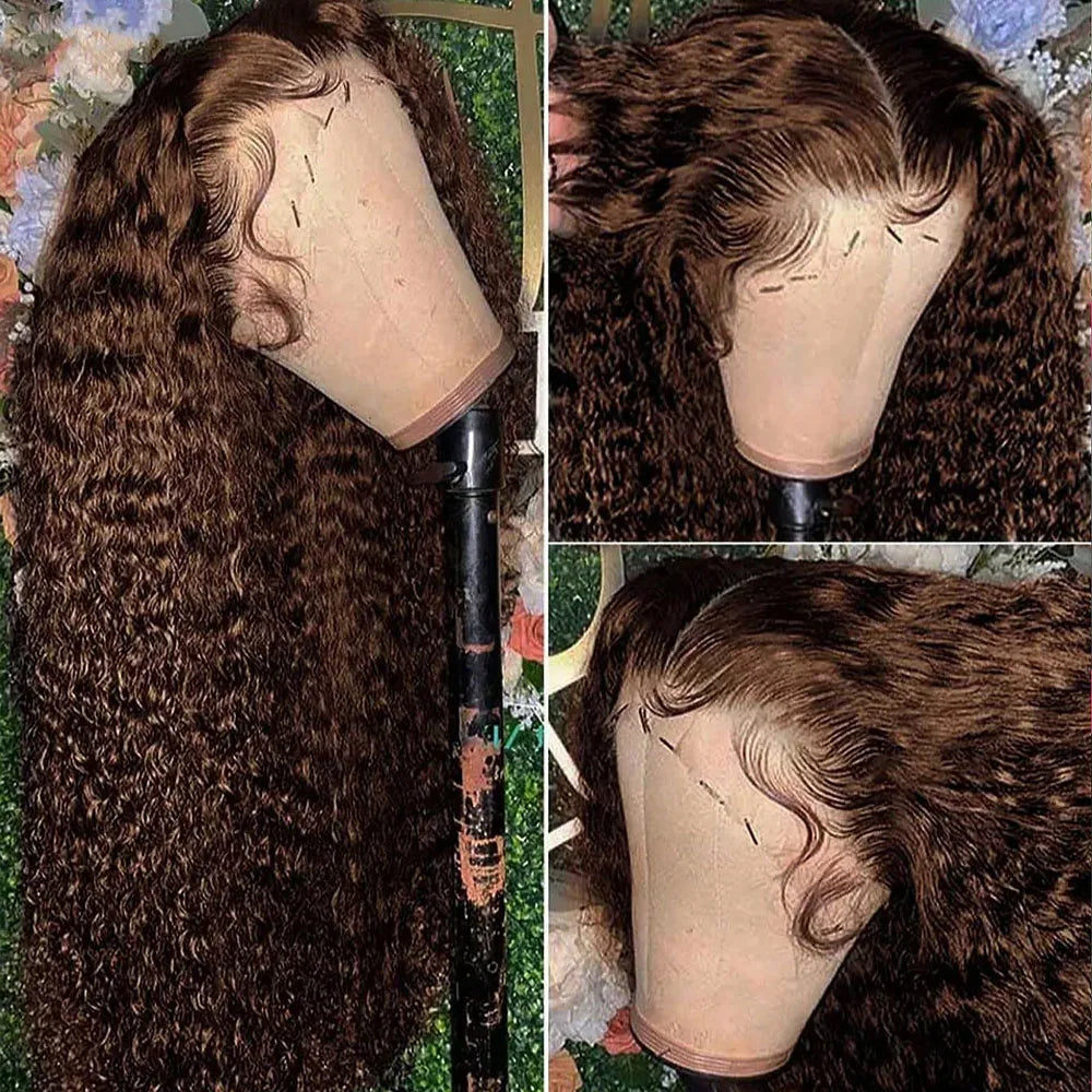 Chocolate Brown Human Hair Wigs Deep Wave 13X4 Hd Lace Frontal Wig Human Hair 250 Density Brazilian Hair For Women 34 Inch
