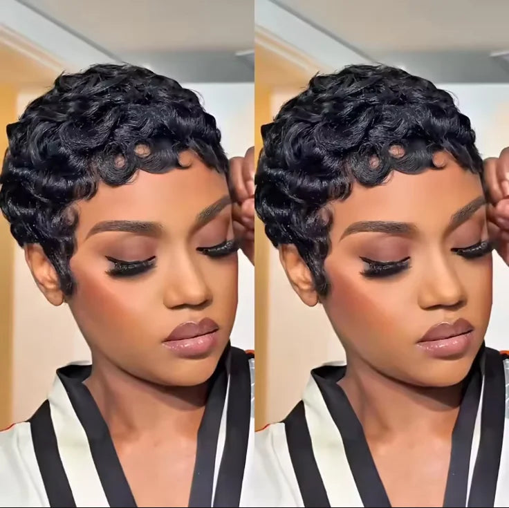 Women's Human Hair Pixie Cut Wig full machine made - Short Layered Curly with Bangs, Natural Black 250% Density