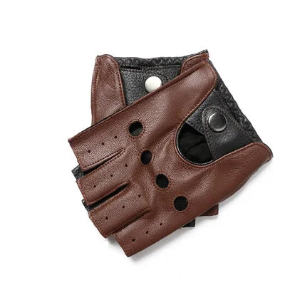 Spring Male100% Pure Real Leather Half Finger Thin Gloves Man Genuine Sheepskin Red/Brown/Blue Driving Riding Luvas Guantes
