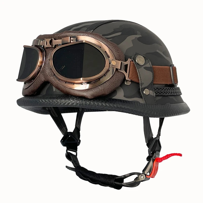Vintage leather WWII-style black riding helmet, unisex open-face half helmet for German motorcycles, factory direct sales.