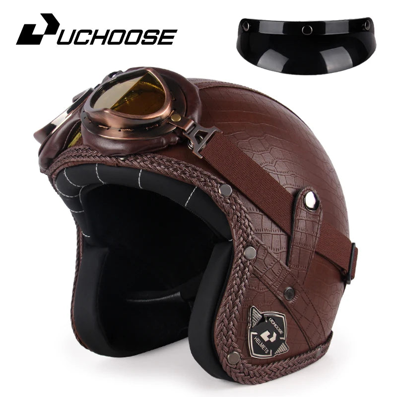 UCHOOSE Retro Motorcycle Helmet PU Leather Open Face 3/4 Chopper Bicycle Helmets Classic Casco Moto Vintage