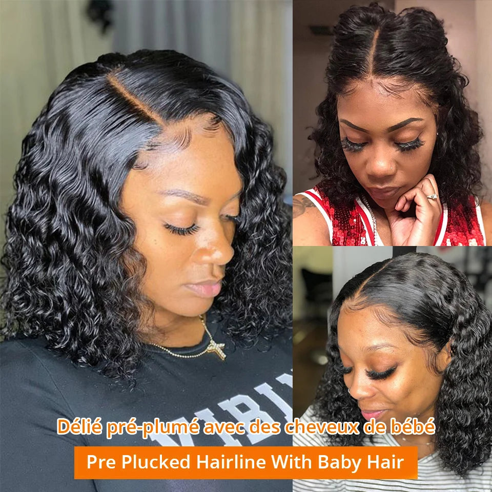 Deep Wave 13x4 Lace Frontal Bob Wig 250% Density Brazilian PrePlucked 100% Glueless Human Hair Wig Water Wave Invisible Lace Wig