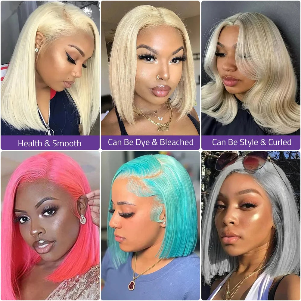 Short Bob Wig 200 Density 613 Honey Blonde Color Straight 13x6 HD Lace Frontal Human Hair Wigs For Women Pre Plucked 8-14 Inch