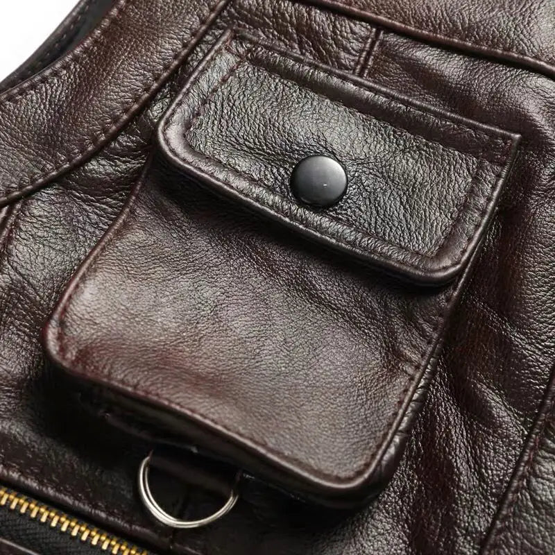 2025 Cowhide Genuine Leather Vest Men Waistcoat Male Sleeveless Jacket Thick Motorcycle Vest Multi Pocket leather biker vest