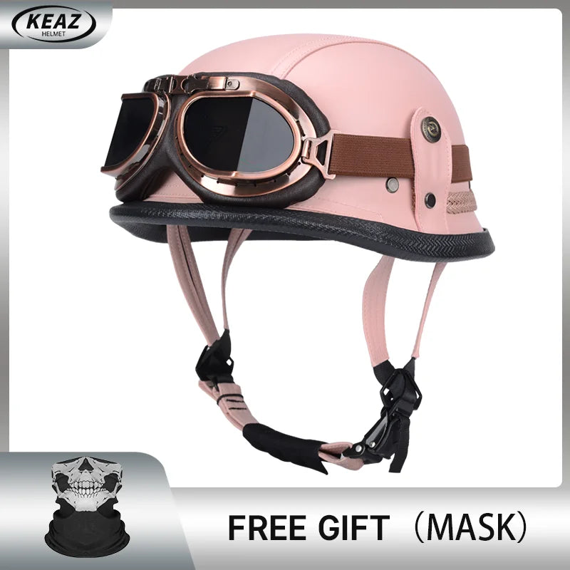 Classical German Style Leather Women and Men Half Face Motorcycle Helmets With Copper Googles Capacete De Moto Masculino DOT