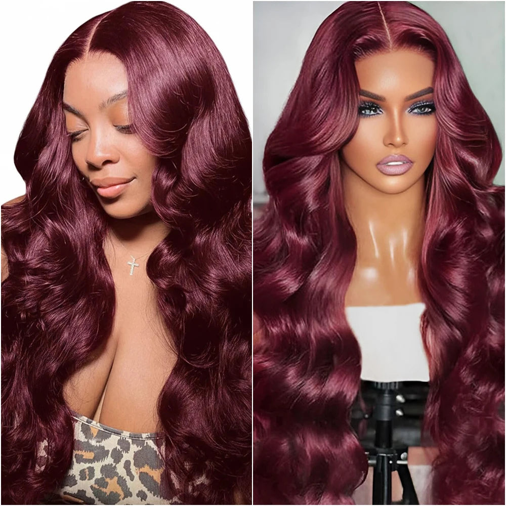 Burgundy Colored 13x4 HD Body Wave Lace Front Wig Human Hair 99J Red 13x6 HD Lace Frontal Wig 200 Density 30 40 Inch Remy Hair