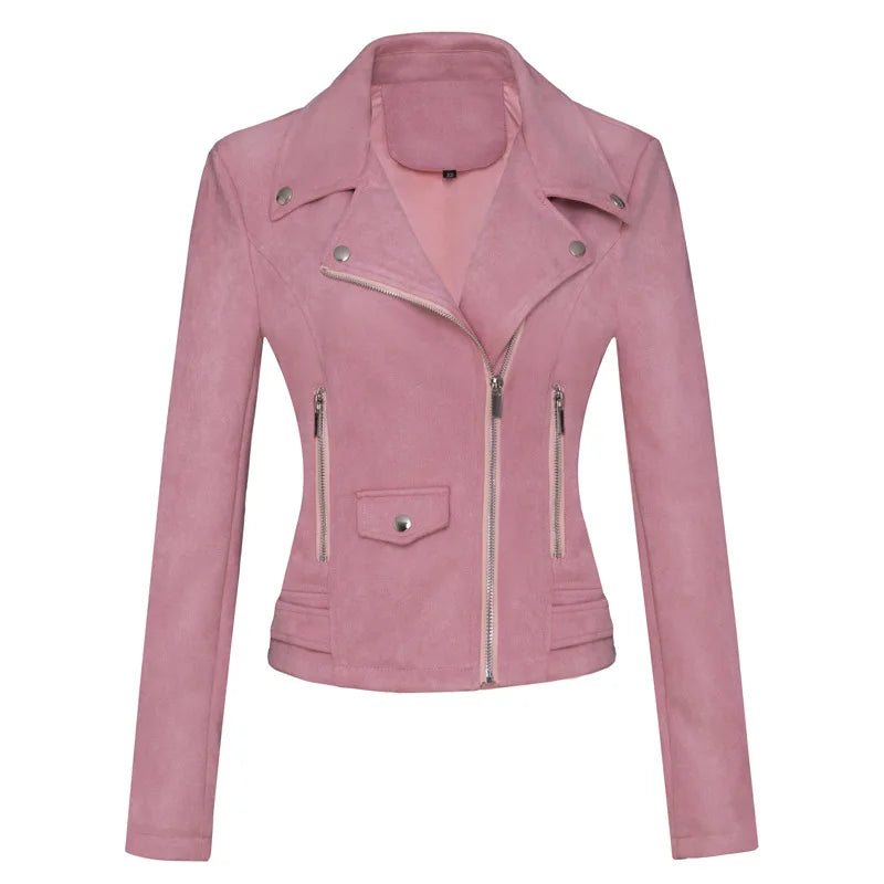 Women Vintage Suede Biker Jacket Slim Fit Short Motorcycle Coat Fashion Ladies Faux Leather Moto Jacket For Casual Ridin