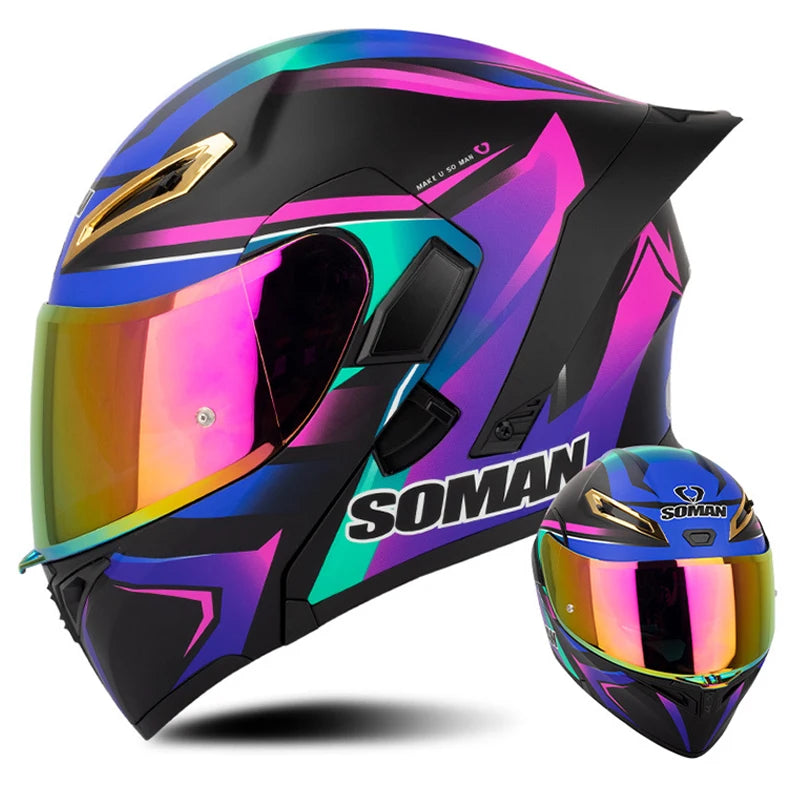 DOT Approved Men Motorcycle Helmet Dual Lens Flip Up Helmets Vintage Retro Full Face Moto Helmet Double Lens Modular Helm