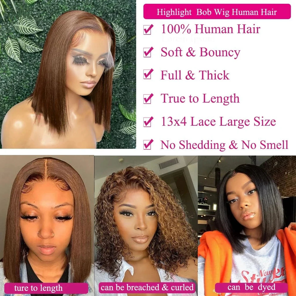 Chocolate Brown 13x4 Lace Frontal Human Hair Wigs Transparent Lace Front Wigs Short Bob Wig Glueless Remy Straight Natural Wig