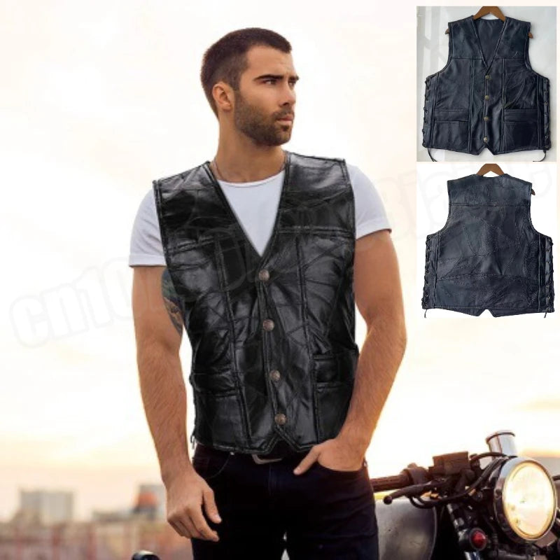 Motorcycle Pu Leather Vest Male Sleeveless Trendy Fashionable Jacket Button Casual Waistcoat Men Solid Color Vest Large Size