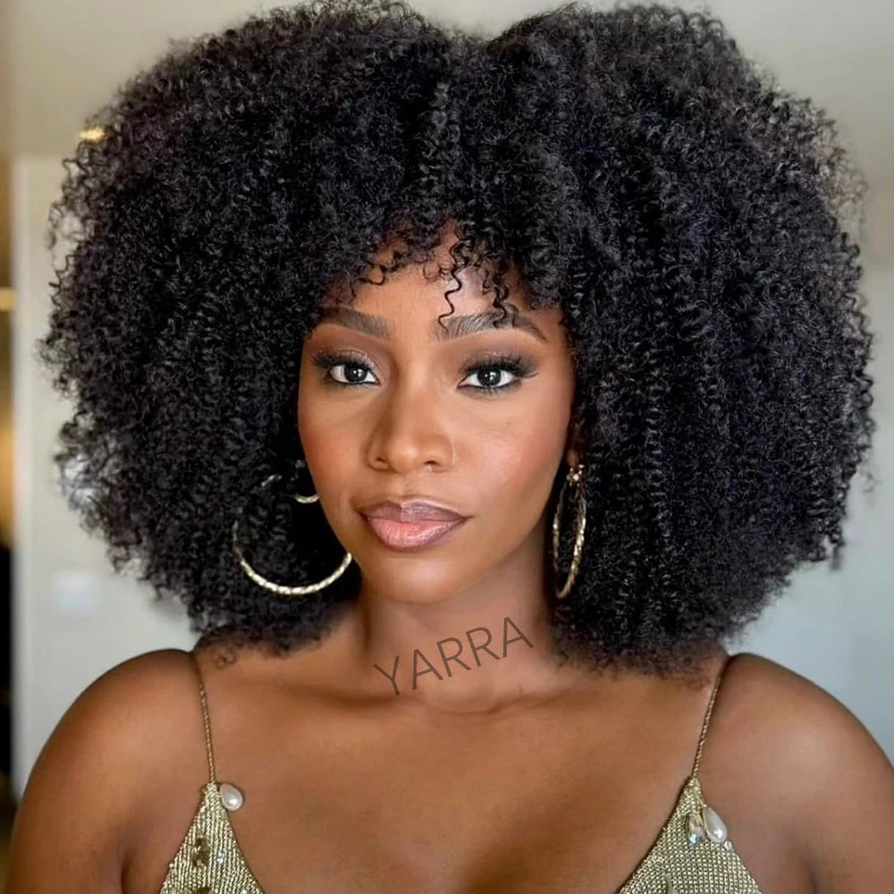 250 Density Afro Kinky Curly Human Hair Wigs With Bang For Black Women Brazilian 100% Human Hair Remy Full Machine Made Hair