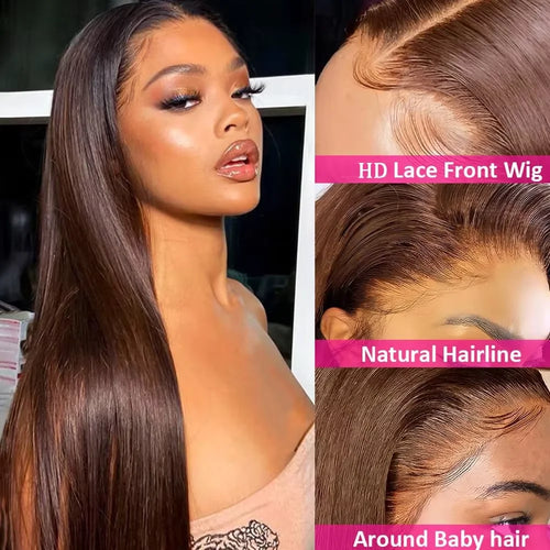 13x6 13x4 HD Lace Frontal Wig Straight Chocolate Brown Lace Front Human Hair Wig 220 Density Brazilian Human Hair Wigs For Women