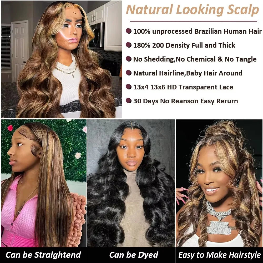 Highlight Body Wave Human Hair Lace Front Wig 13x6 HD Lace Frontal Wig Hair For Women P427 200 Density HD Lace Front Wig 38 Inch