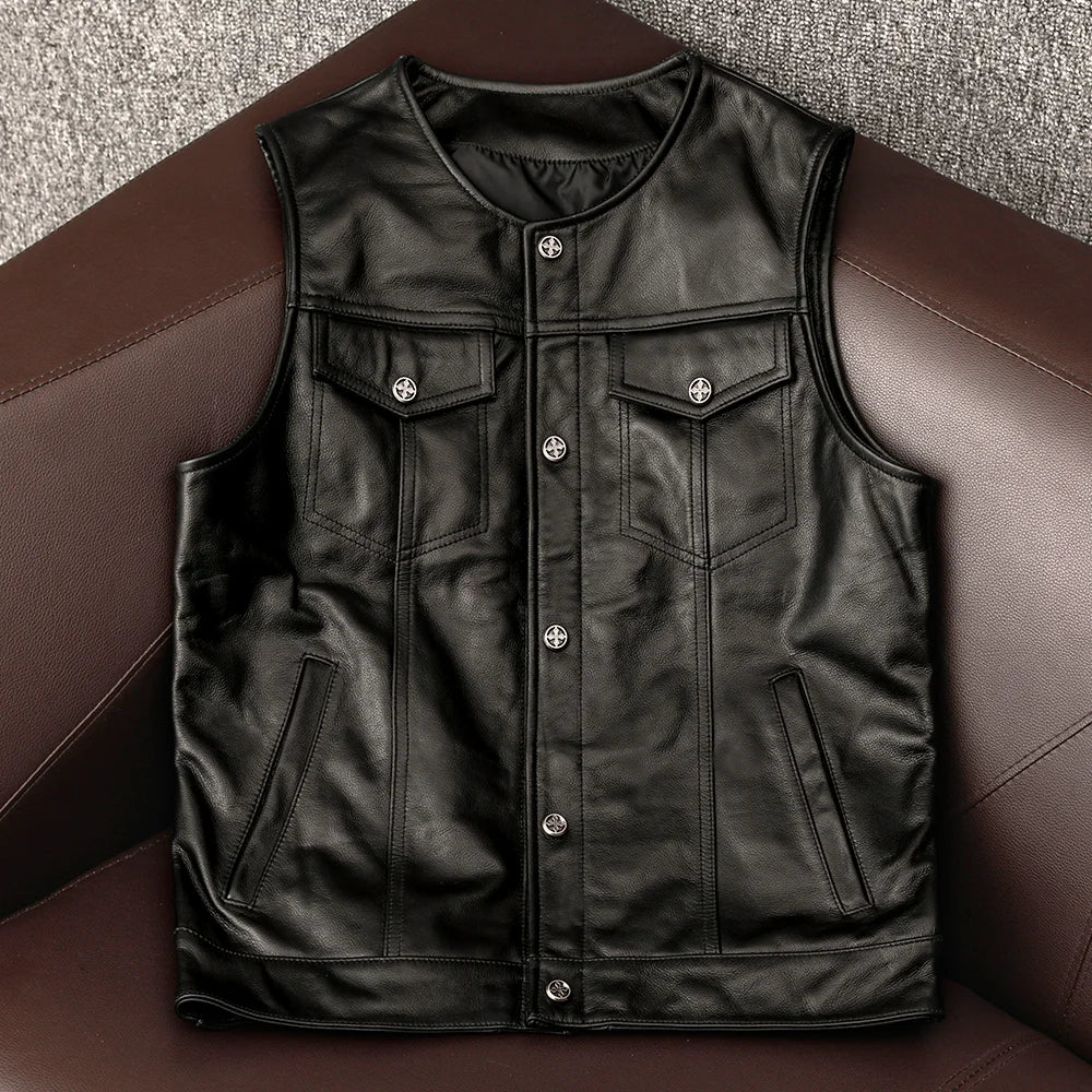 Genuine Leather Vest Men's Casual American Sle Top Layer Cowhide ort Faion Urban Motorcycle Vest Autumn Season V-Ne