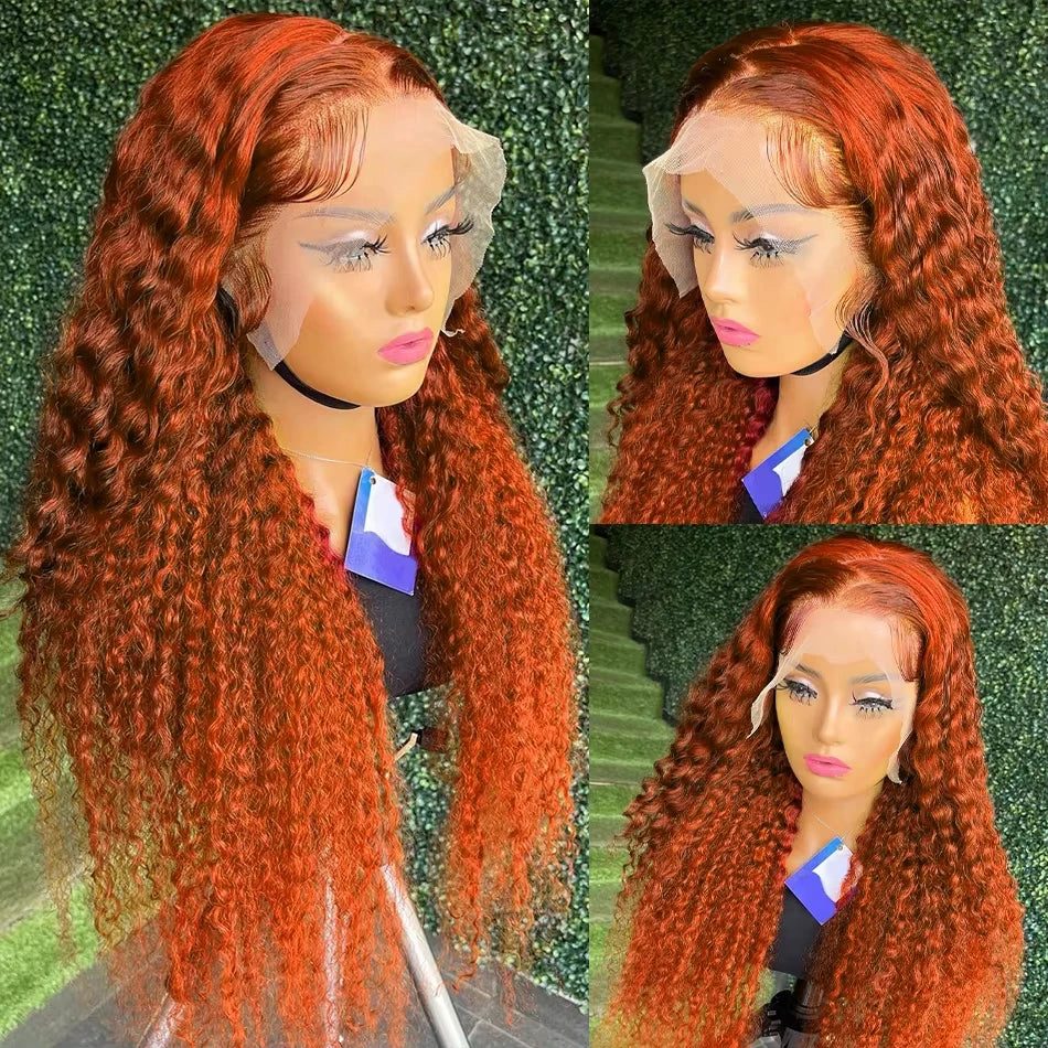 Orange colored Water wave 13x6 hd lace frontal human hair wig Preplucked deep wave 30 inch ginger lace front curly wigs on sale
