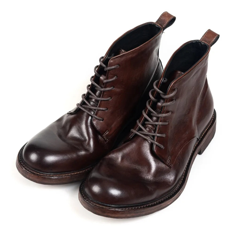 High Quality Cowhide Motorcycle Boots Men Genuine Leather Waterproof Motorbike Boots Vintage Hight-Top Moto Rider Ankle Boots