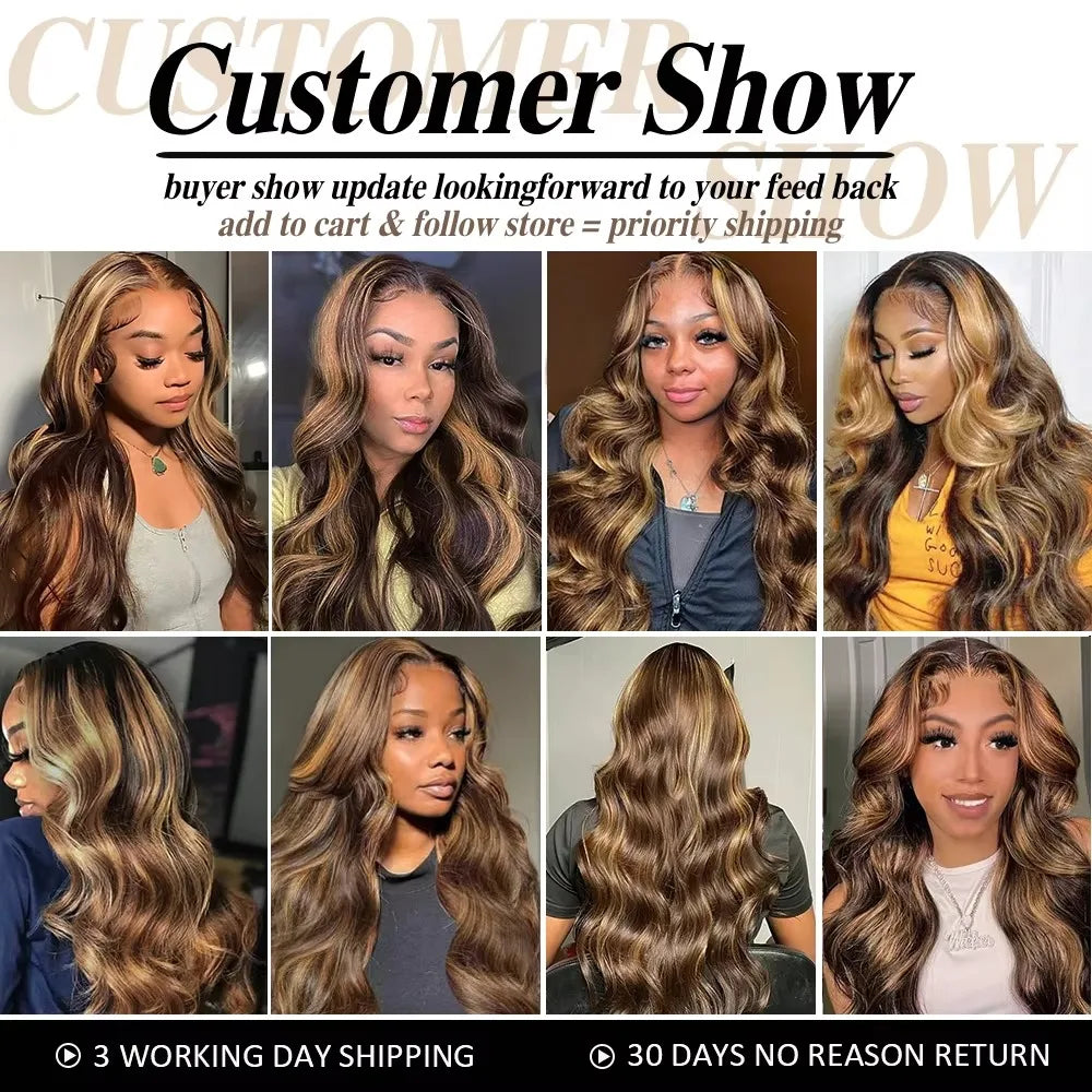 Highlight Body Wave Human Hair Lace Front Wig 13x6 HD Lace Frontal Wig Hair For Women P427 200 Density HD Lace Front Wig 38 Inch