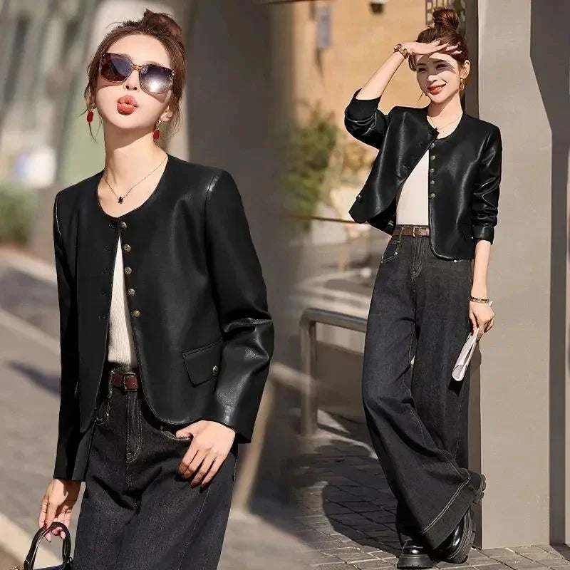 Leather Jacket for Women 2026 Spring Autumn New Retro Fashion Casual Round Neck Short LeatherCoat Motorcycle Clothing Female