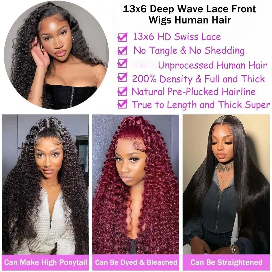 Deep Wave Human Hair Wigs 13X6 Hd Lace Frontal Wig 40 Inch Curly Lace Front Wig Brazilian Wigs Original 250 Density Pre Plucked