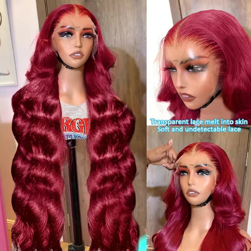 99j burgundy 13x6 Max-lace Wigs 36 Inch Red Colored Lace Front Human Hair Wigs 220 Density HD Lace Body Wave Brazilian For Women
