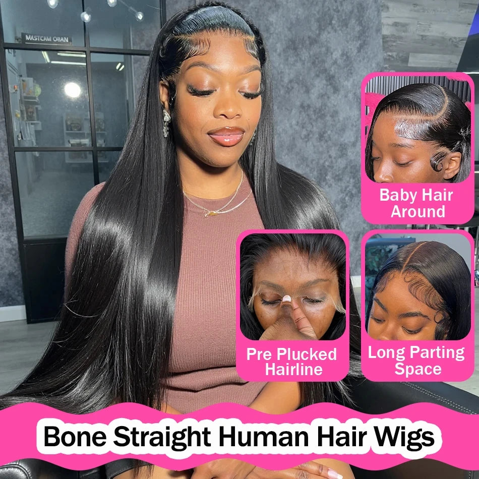 220% Bone Straight 360 Full Transparent Lace Front Human Hair Wigs 13×6 HD Lace Frontal Wig 30 40 Inch Black Real Human Hair Wig