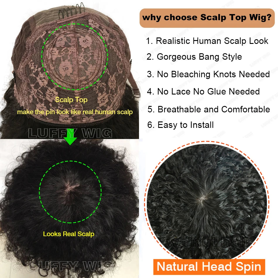Short Curly Human Hair Wigs with Bangs Brazilian Afro Kinky Curly Wig Scalp Base Top Full Machine Made Wig with Bangs for Women