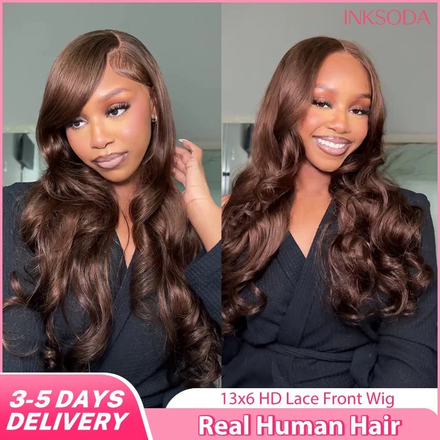 Body Wave Chocolate Brown Lace Front Wigs Human Hair Pre Plucked Brazilian Brown Virgin Hair 13x6 HD Frontal Wig For Women