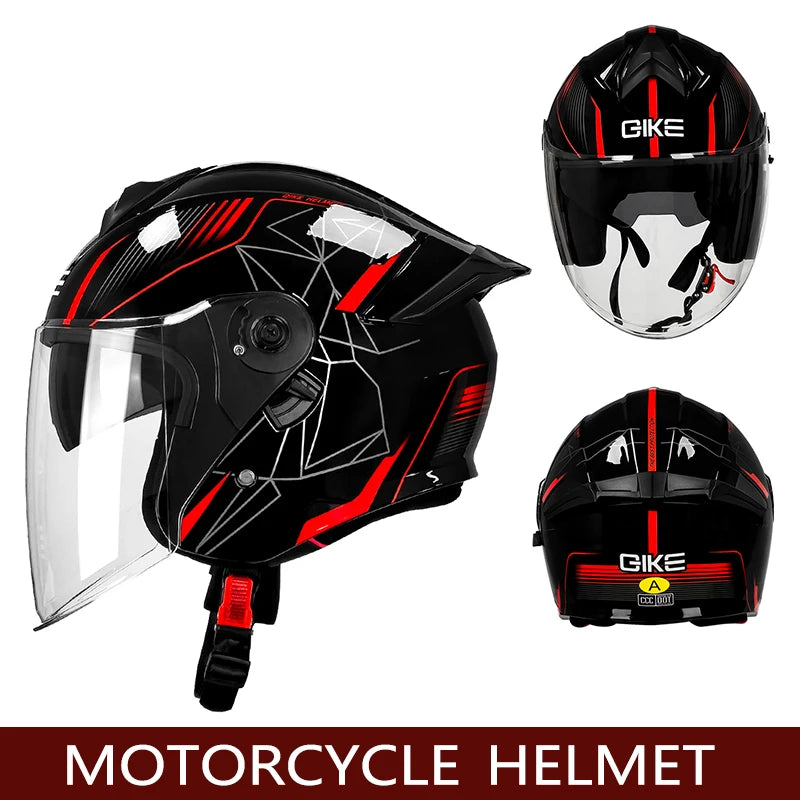 Qike Motorcycle Helmet Three-quarters Double Lens Helmets Motobike Half Helmet Four Seasons Men Women Cascos Moto