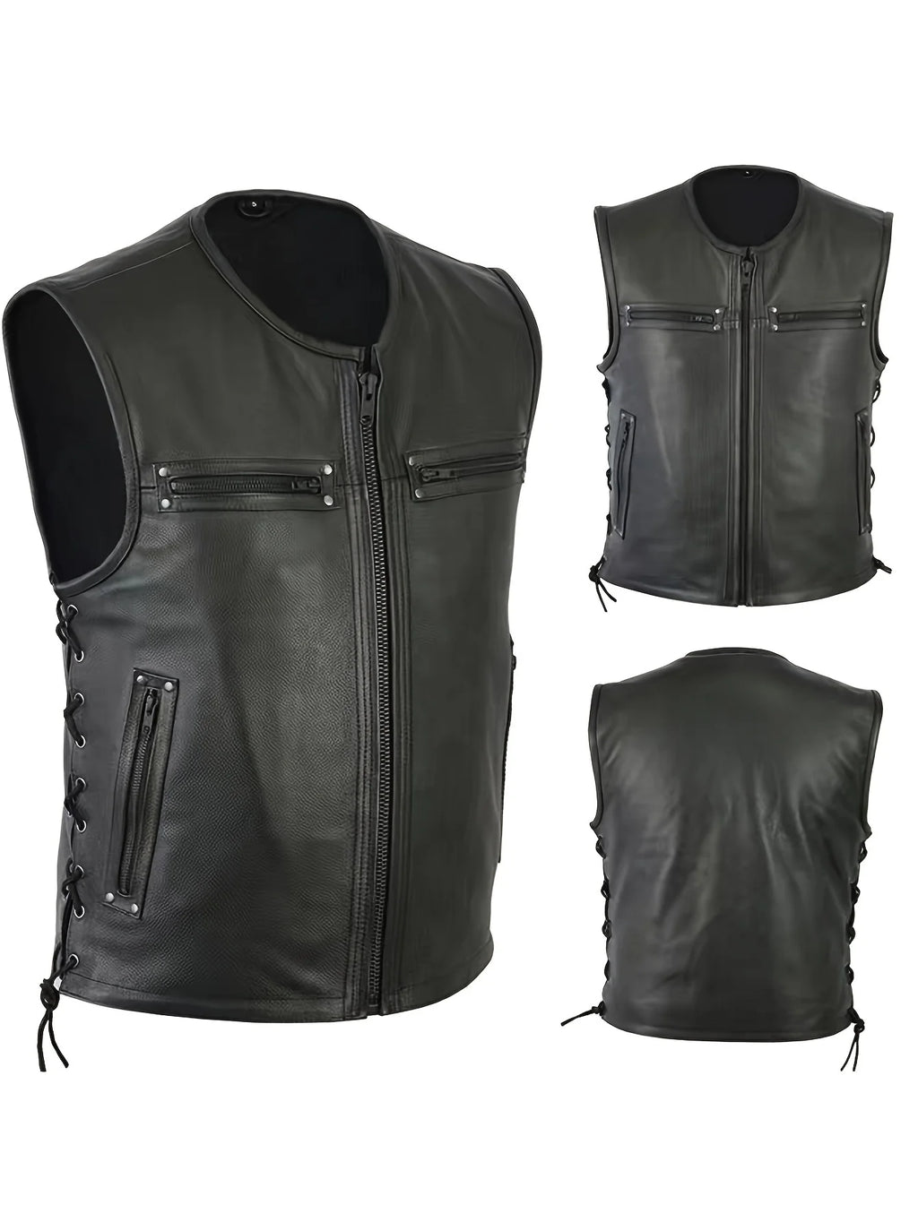 Men Solid Color Vest Motorcycle Fleet Punk Leather Vest Coat Sleeveless O-Neck Zipper Slim Jacket Autumn Work Coats Male Wear