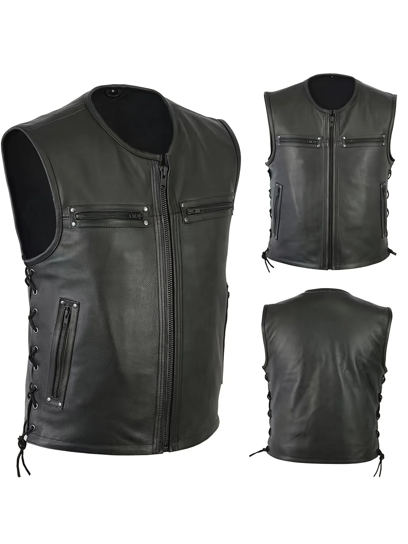 Men Solid Color Vest Motorcycle Fleet Punk Leather Vest Coat Sleeveless O-Neck Zipper Slim Jacket Autumn Work Coats Male Wear