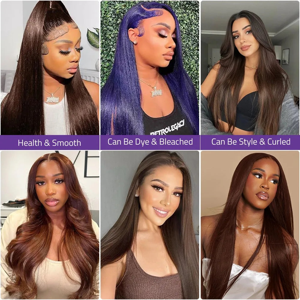 #4 Chocolate Brown Straight Wigs Natural Human Hair 13x4 13x6 HD Transparent Lace Frontal Wig Pre Plucked Wigs 200 Density 40 In