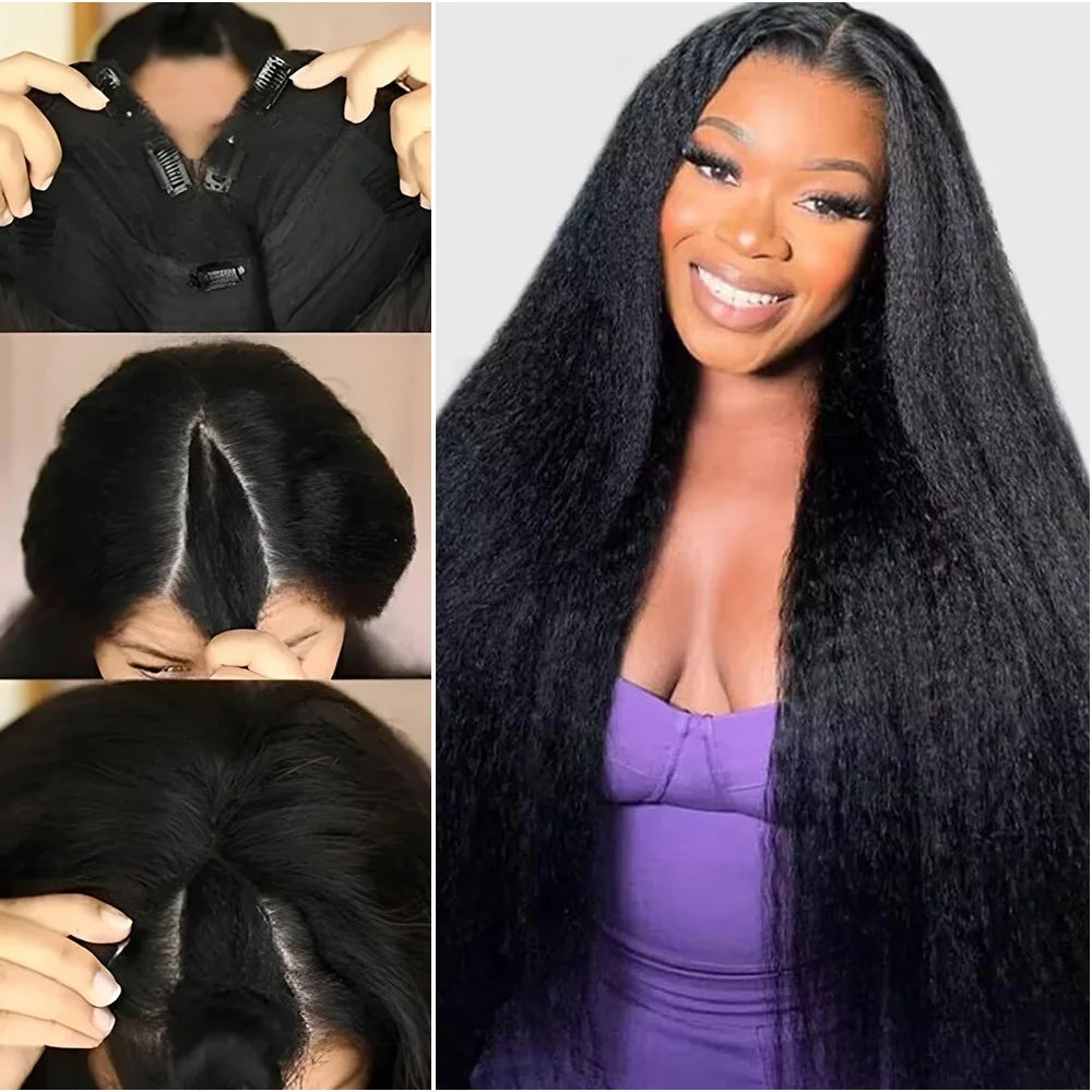 Kinky Straight V Part Wig 12-32 Inch Glueless Wig Human Hair Yaki Straight Ready To Wear Remy Hair Wigs 200 Density No Lace Wigs