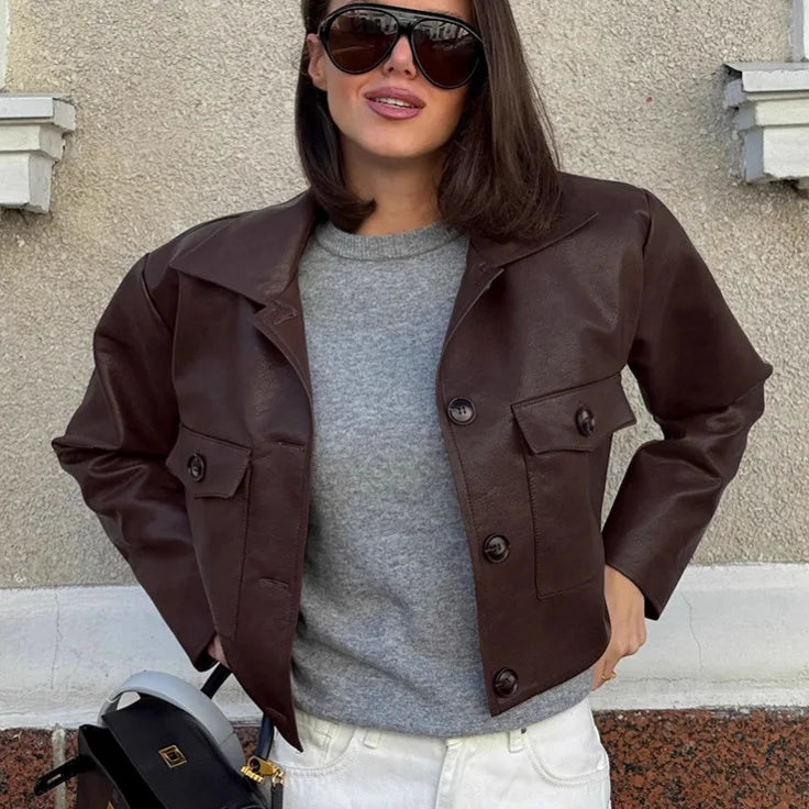 TARUXY Fashion PU Leather Jacket Women's Lapel Pockets Single-Breasted Stitching Coat Autumn Motorcycle Style Commuter Clothing