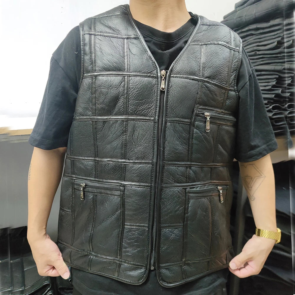 2026 Real Sheepskin Genuine Leather Vest Men Black Waistcoat Male Sleeveless Jacket Thick Motorcycle Vest Multi Pocket Zipper