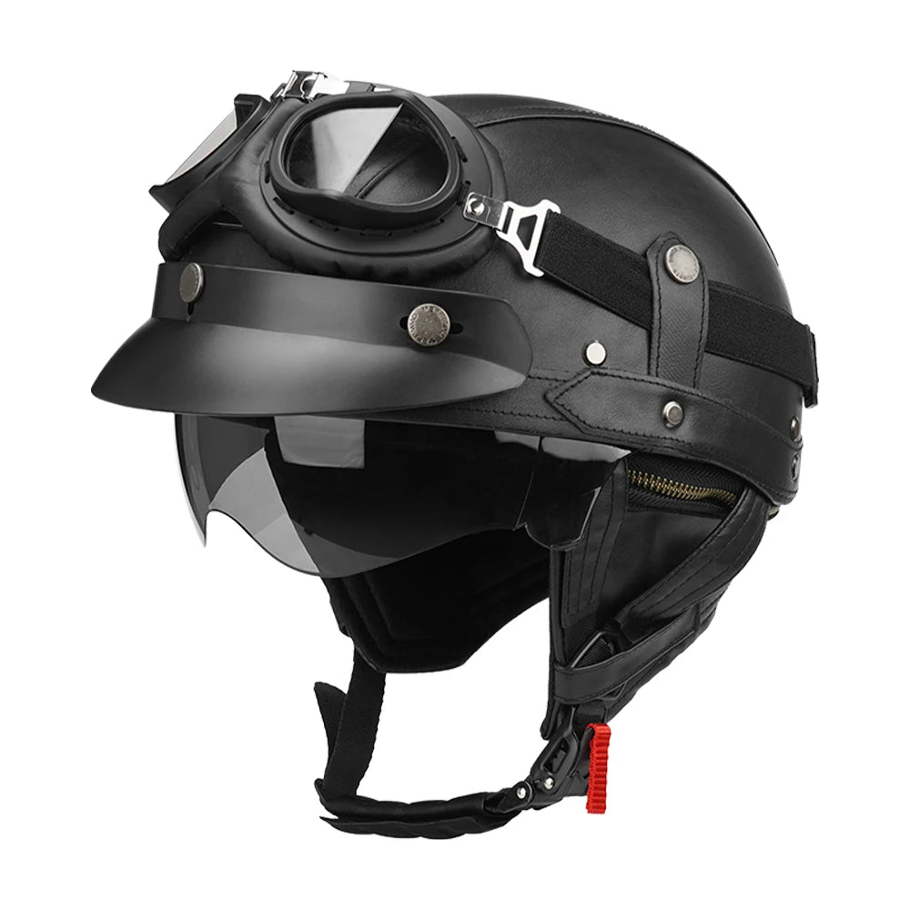 Motorcycle Half Helmet Leather Motorbike Open Face Helmet Vintage Fashion Safety Helmets Anti Fall And SunCap Moto Helmets M-XL