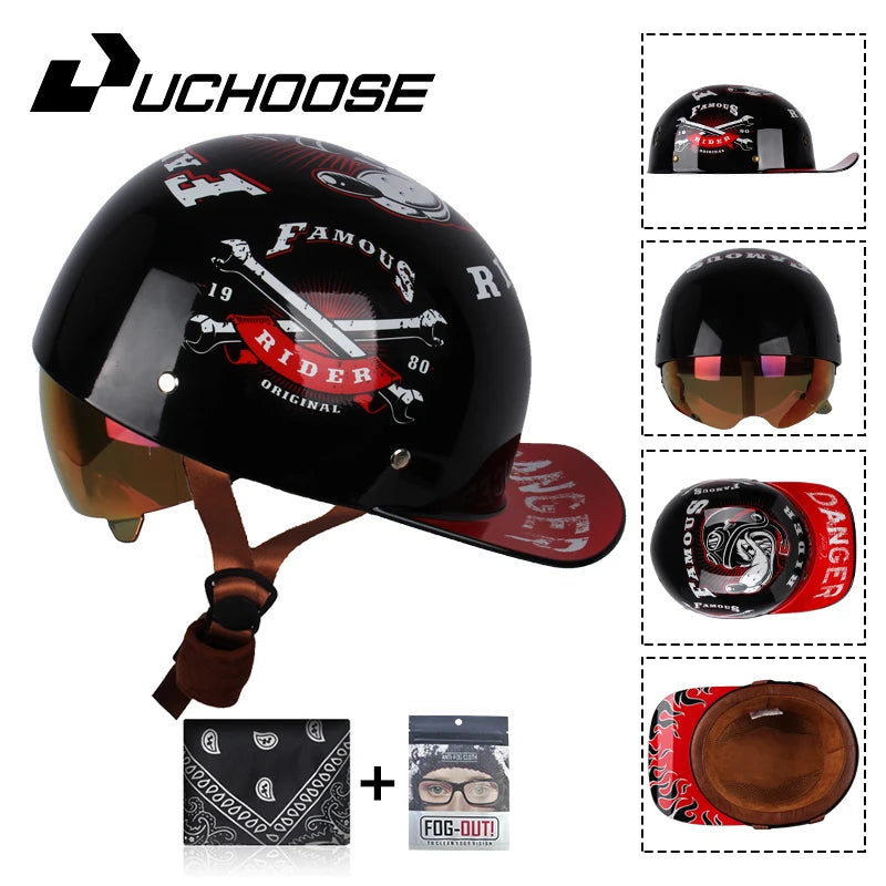 Uchoose Baseball Cap Helmet Motorcycle Vintage Retro Helmets Summer Open Face Scooter Cruiser Chopper Gangster DS Men Women Kid