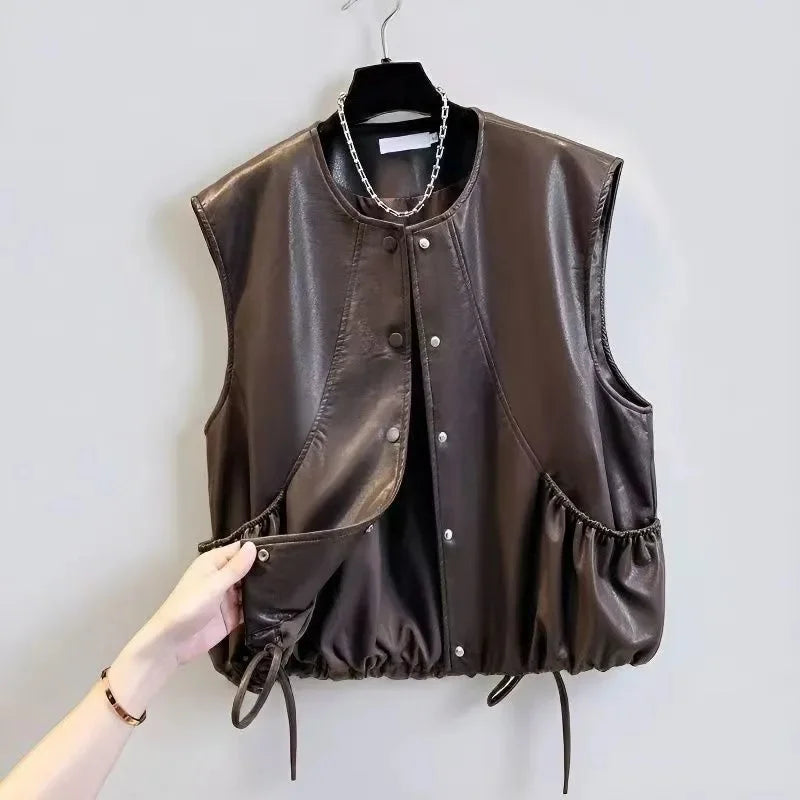 Fashion Black Brown Pu Leather Vest Coat Women's Clothing Spring Autumn Premium Motorcycle Short Sleeveless Leather Jacket top