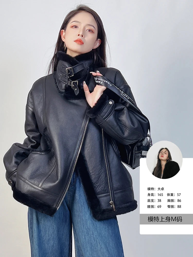 Natural Merino Sheepskin Wool Double Faced Fur Jacket Women Fashion Motorcycle Black Real Fur Coat Winter Woman Clothing 2025