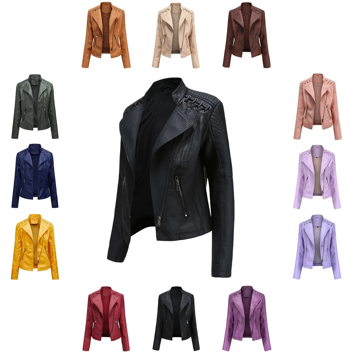 Spring Autumn Women's Clothing Slim Fit PU Leather Jacket For Woman Motorcycle Biker Style Short Coat With Notched Collar