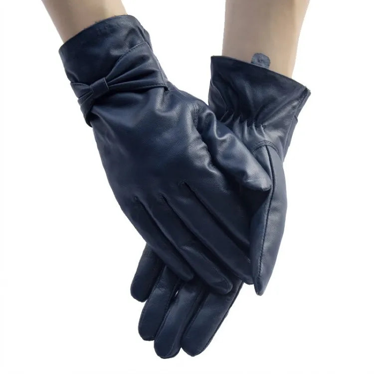 New Women Bowknot Real Sheepskin Gloves Winter Warm Fleece Lining Genuine Leather Driving Mittens Moto Biker Riding Gloves
