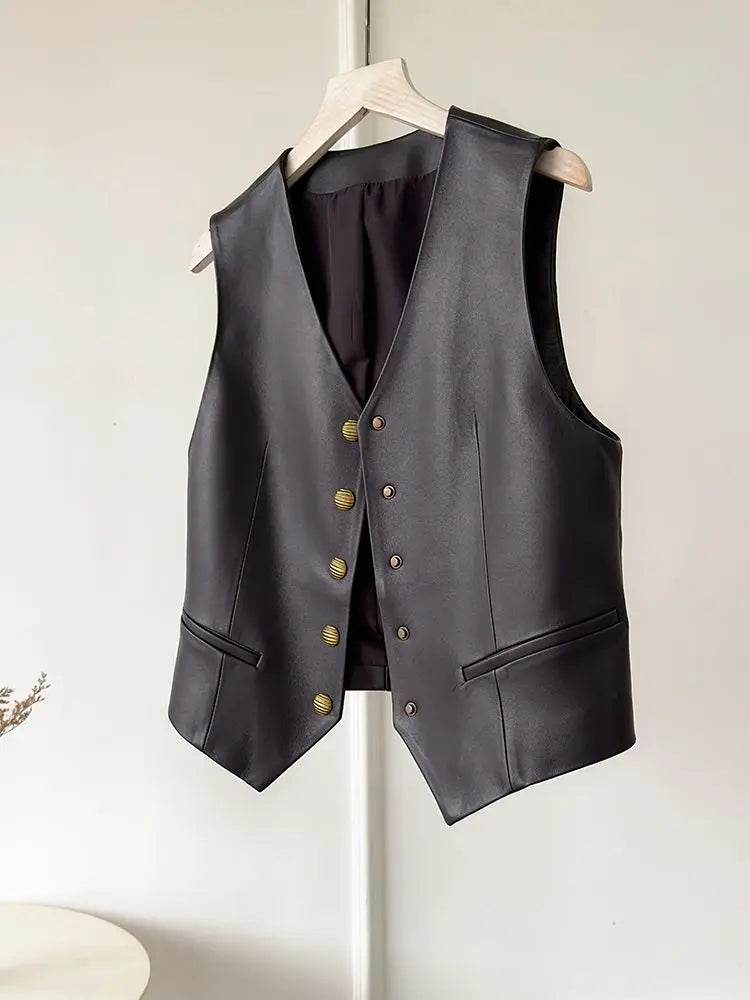 2026 New Spring Autumn Faux Leather Vests Woman Single Button Motorcycle Biker Pu Jackets Female All Match PU Waistcoat Outwear