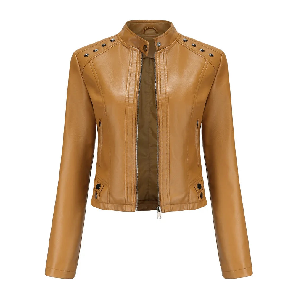 KIDCRKJ Spring Autumn Women's Leather Jacket Female Riveted Stand Collar Casual Coats Women's Motorcycle Jacket Women's Clothing