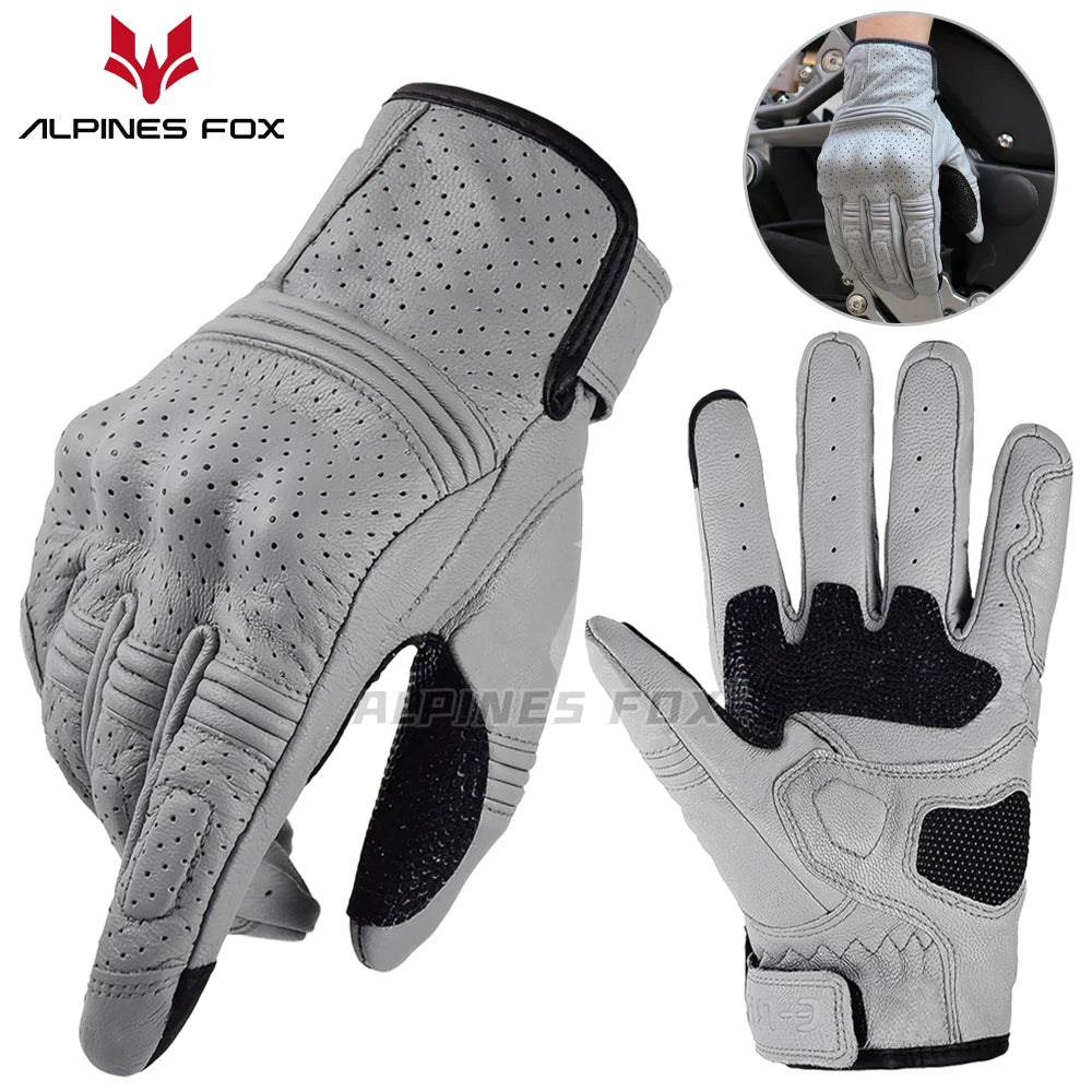 Retro Motorcycle Leather Gloves Perforated Summer Breathable Touch Screen Motobike Cycling Accessories Full Finger Protective