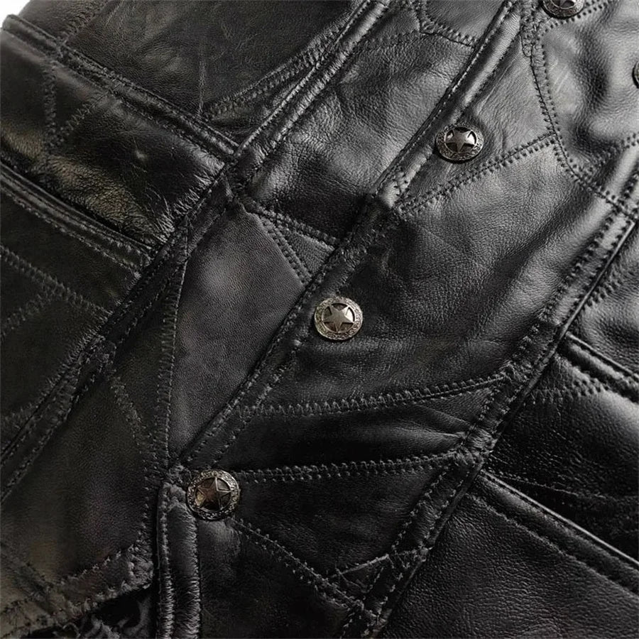 Motorbike Embroidered Men Leather Vest Punk Sleeveless Jacket Motorcycle Riding Biker Waistcoat Men's Clothing Black Streetwear