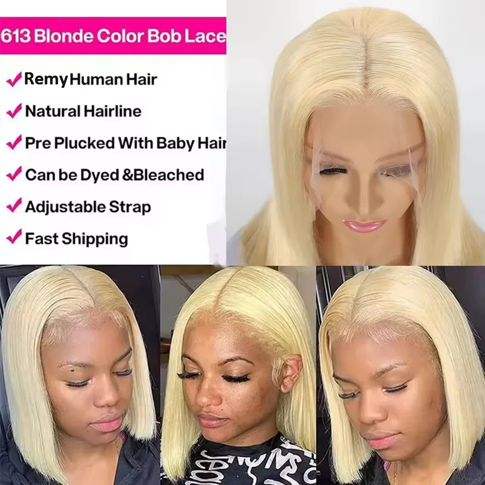 Honey Blonde Short Straight Bob Human Hair Wigs Brazilian Lace Front 613 Human Hair Wigs Pre Plucked HD Lace Wigs Remy Hair Wigs