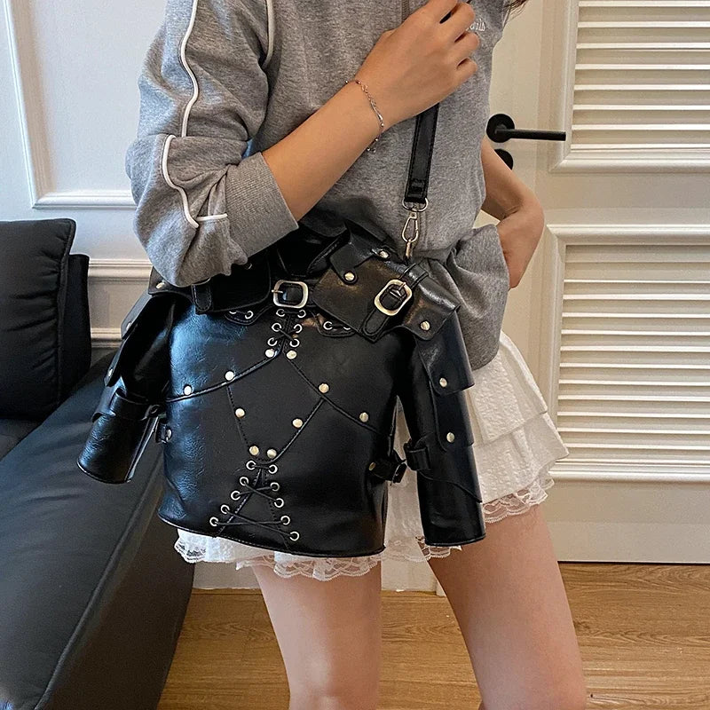 European Brand Design Tactical  Motorcycle Bags Women Clothing Shoulder Rivet Zipper Jacket Bag Black Leather Messenger Handbag