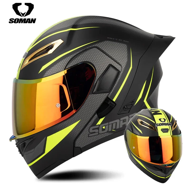 SOMAN Full Face Helmet Dual Lens Flip Up Motorcycle Helmets Casco Accessories Men Women Casque Moto Racing DOT Approved Visor