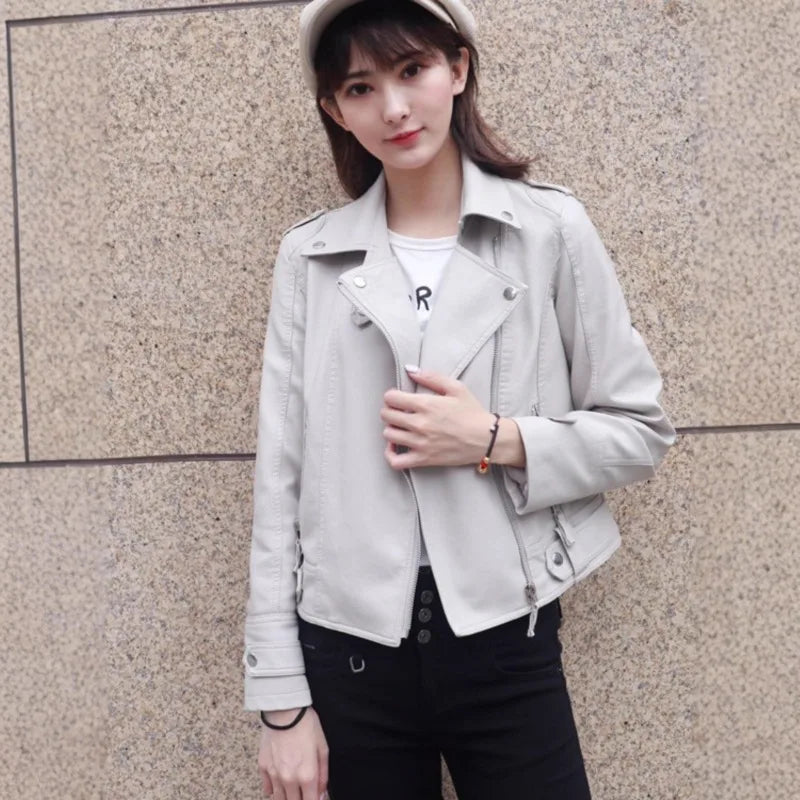 New Pink/beige/black Women's Clothing Short Motorcycle PU Leather Jacket Autumn JAdd Cotton Coats Lapels Zip Short Women Jackets