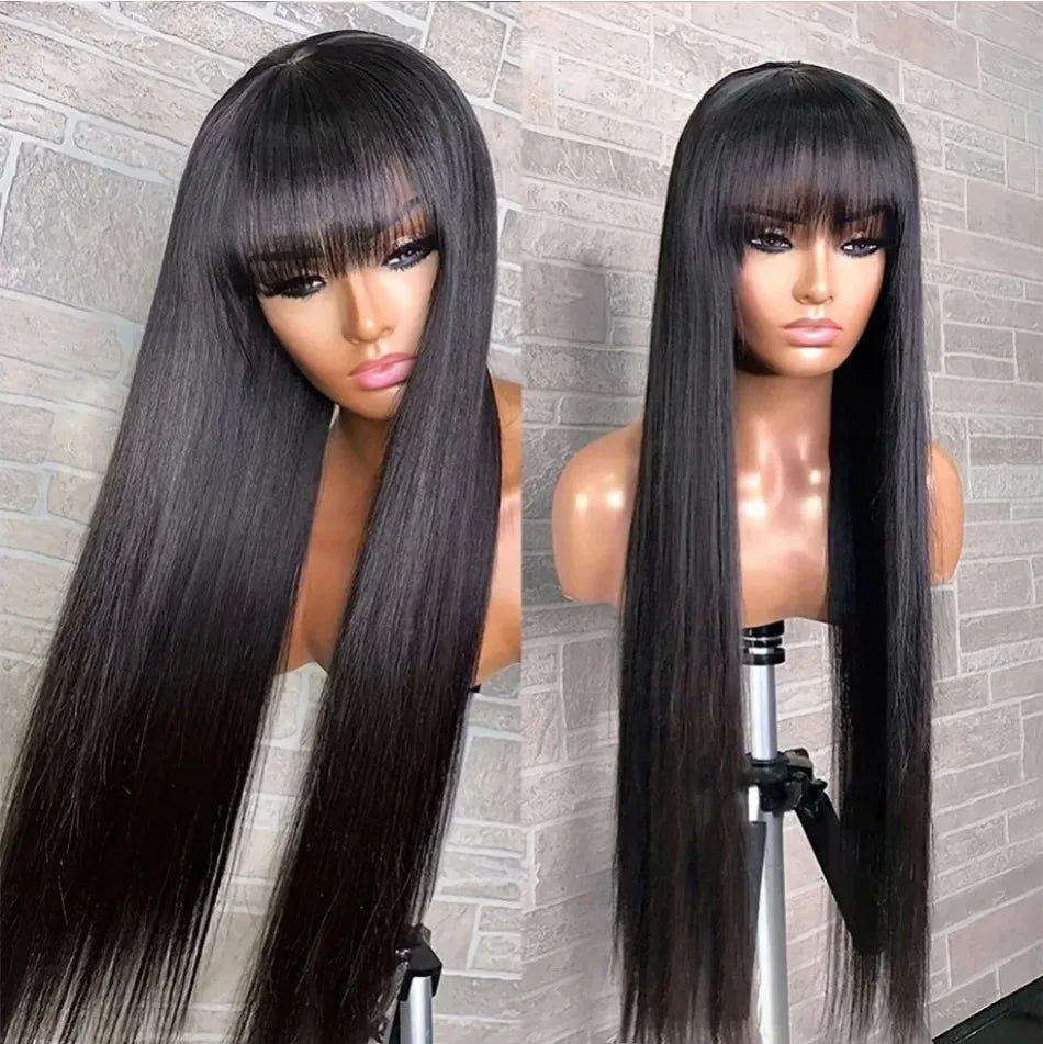 3x1Middle Part Lace Wig Bone Straight Human Hair Wig With Bangs Full Machine Made 30 36 Inch Body Wave Human Hair Wig with Bangs